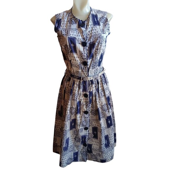 Women's 6 Vintage 1950's Sleeveless Button-Front Dress Belt Geometric Print 1OF1 - Picture 1 of 12